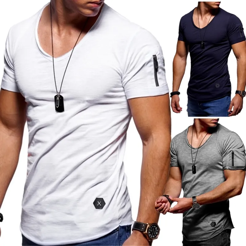 2019 novo zíper luva v pescoço manga curta camiseta homens magro fit t-shirt masculino magro casual verão camisetas hombre