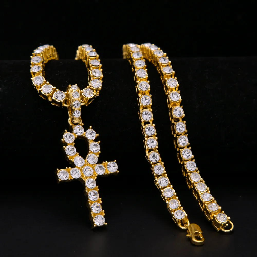 oro argento colore bling bling gioielli hip hop egiziano Ankh Key Of Life collane con ciondolo a croce Collana lunga con zirconi cubici