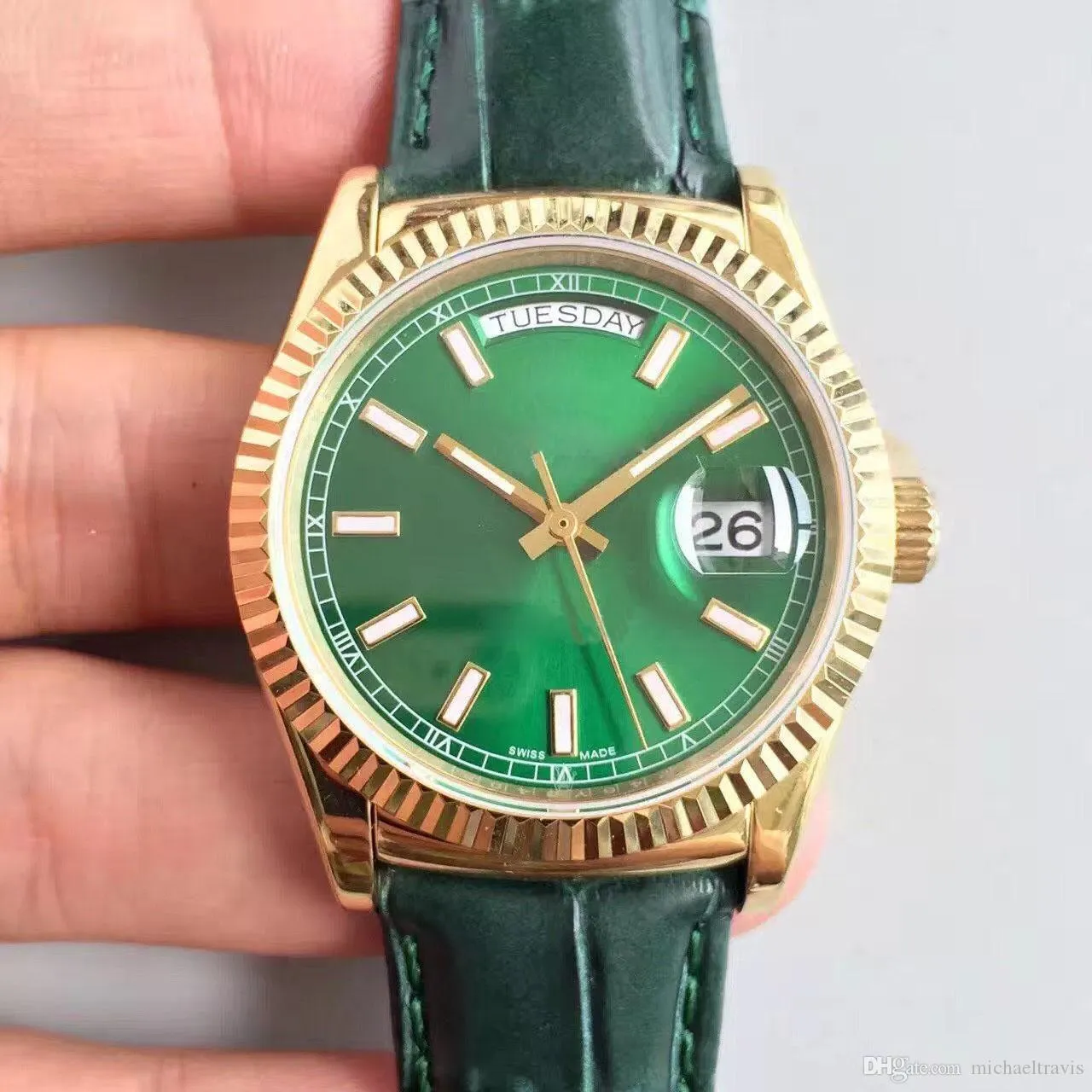 Relojes de lujo para hombre, esfera verde, 36 mm, oro de 18 quilates, bisel triangular, relojes con movimiento automático