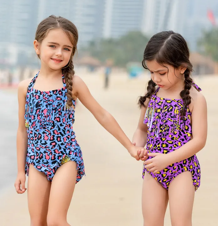 2019 الصيف الأطفال الشرابة المايوه الفتيات ليوبارد حمالة الأميرة ملابس السباحة أطفال عبر ربط شاطئ عارية الذراعين السباحة Y1487