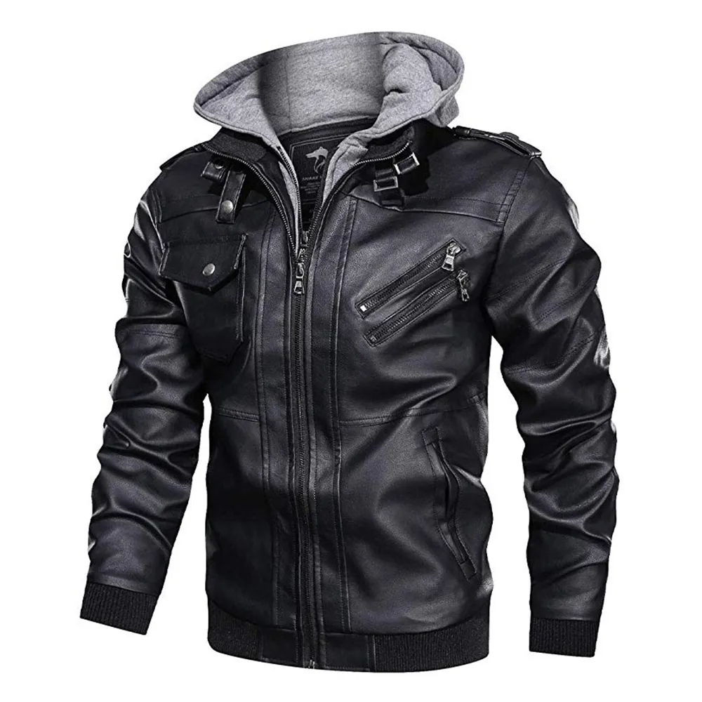 Men Leather Jackets Coats Hooded Slim Casual Motorcycle Jackets Faux Leather Bomber Jacket Coat with Removable Zipper Hood