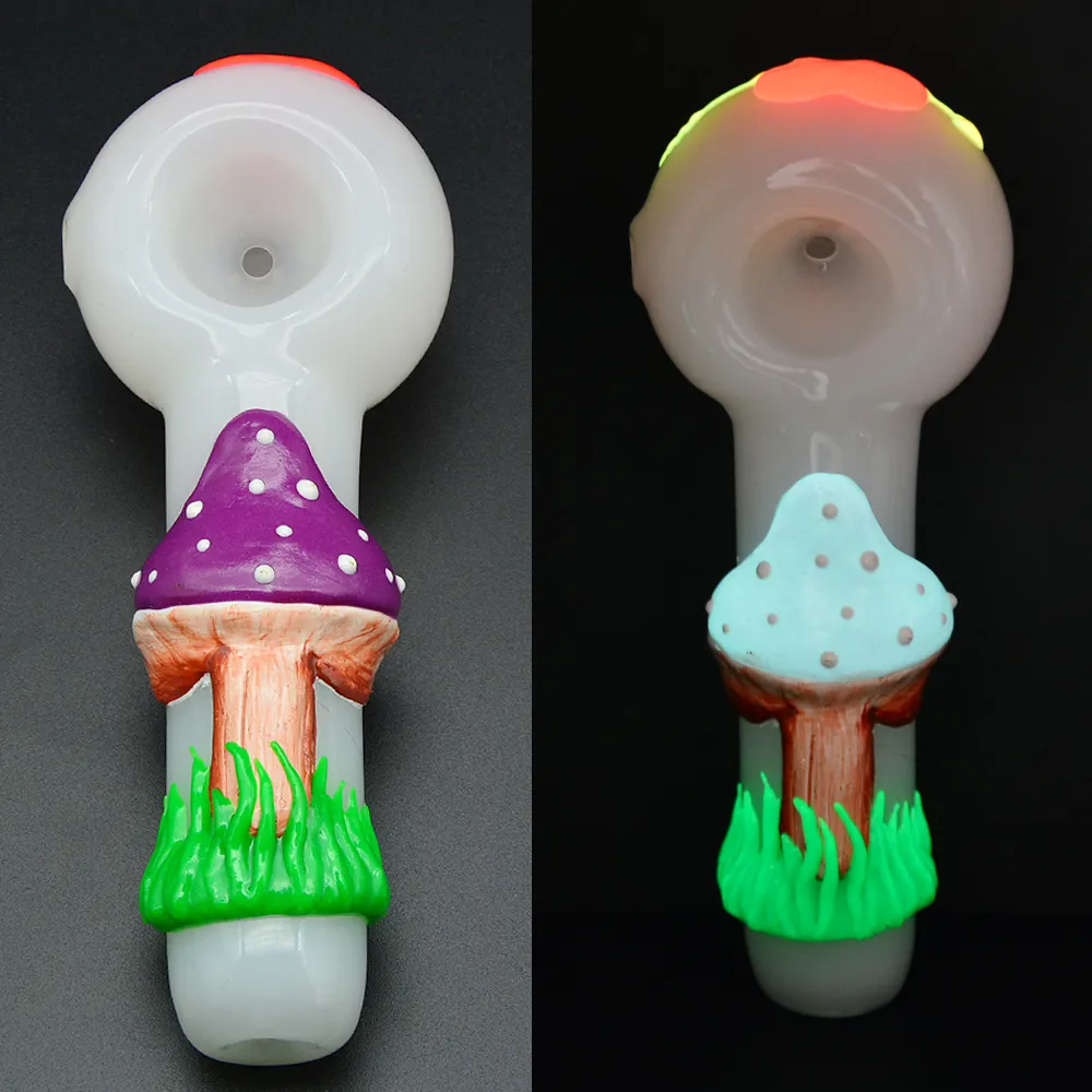 5" Luminous Mushroom Glass Pipe Bowl Tobacco Smoking Spoon Hand Pipes Oil Burner Dogo Dry Herb Bubbler Glow In Dark