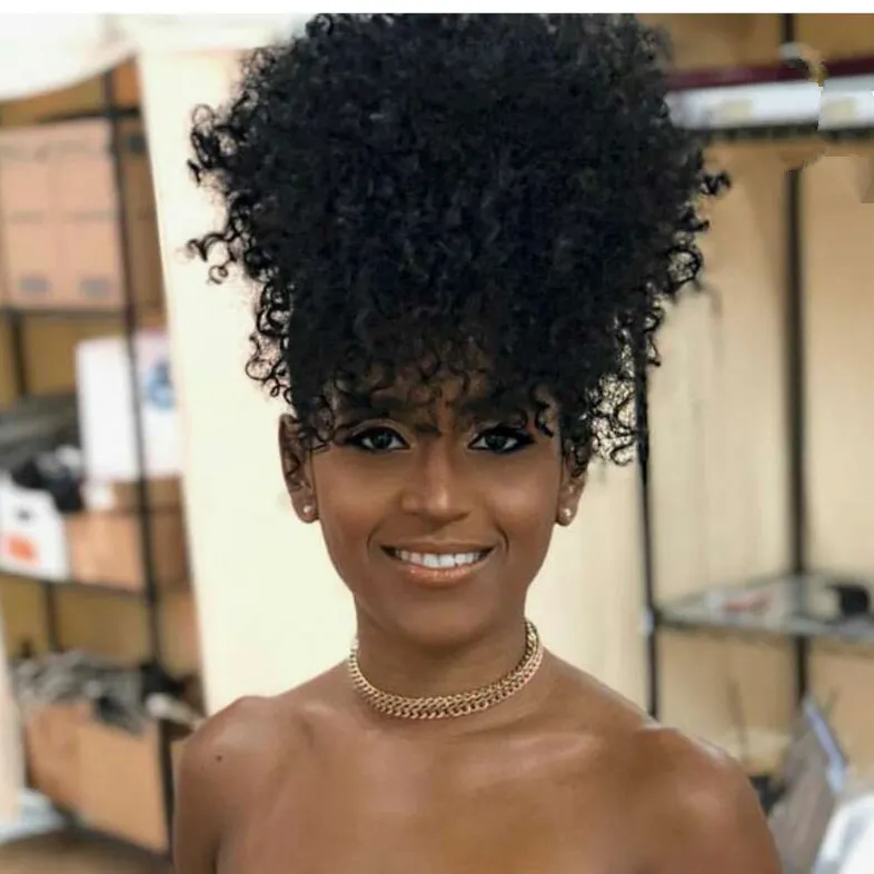 Afro Puff Cordon Queues De Cheval Pour Les Femmes Noires Afro-Américain Court Afro Crépus Bouclés Wrap Remy Extensions De Cheveux Humains Avec Clips 140g