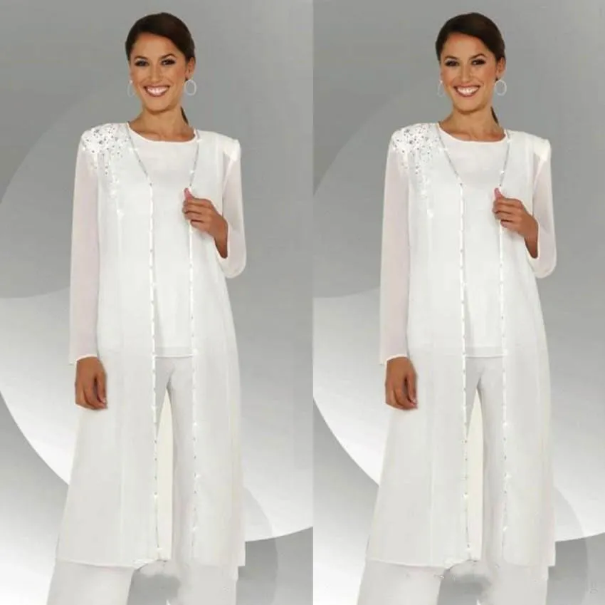 Modeste Blanc Trois Pièces Mère De La Mariée Pantalon Costumes À Manches Longues Vestes De Mariage Invité Robes Plus La Taille Perlée Mères Robe De Mariée