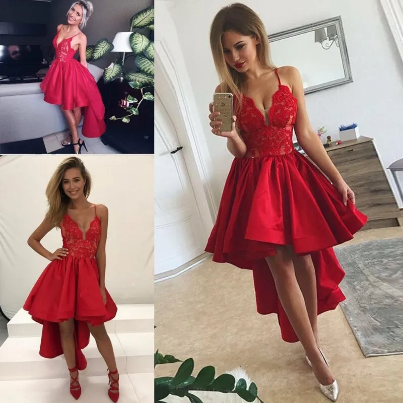 Rote High-Low-Abschlussballkleider 2019 Sexy Spaghetti-Spitze und Satin-Abendkleider Rüschen Günstiges Cocktailpartykleid