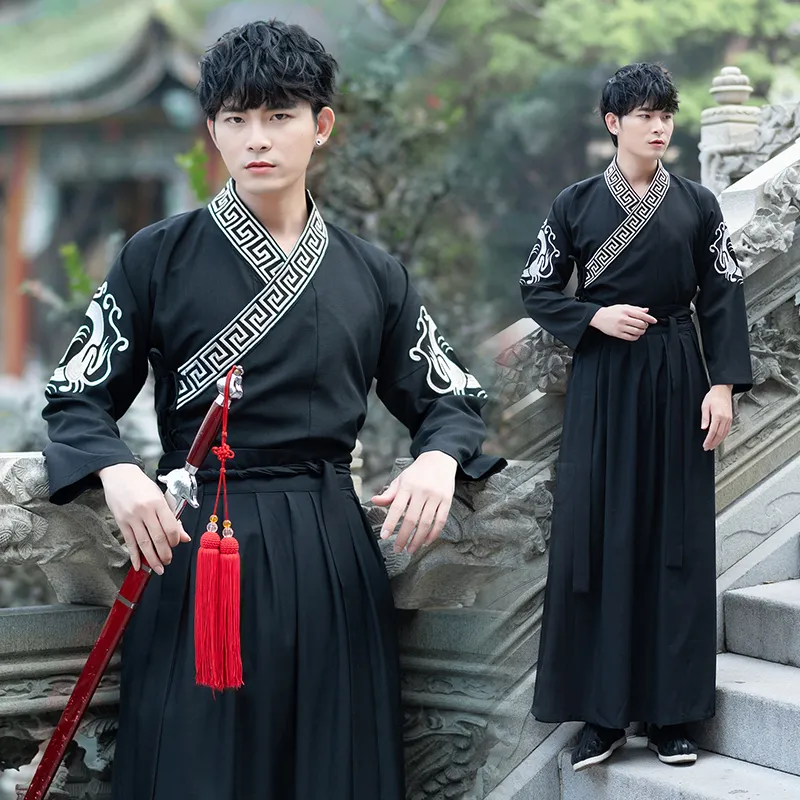 Hanfu Men Black Chinese Costume Traditional Ancient Qing Dynasty Male Stage Outfits National Folklore Show Clothes DNV11617