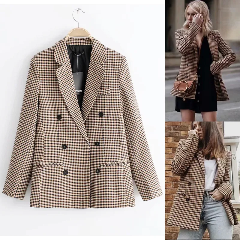 Plaid Women Blazer Coat Retro Button Lattice Suit Jacket with Shoulder Pads Jacket Blazer Female Casual Coats Autumn Winter Women Clothes