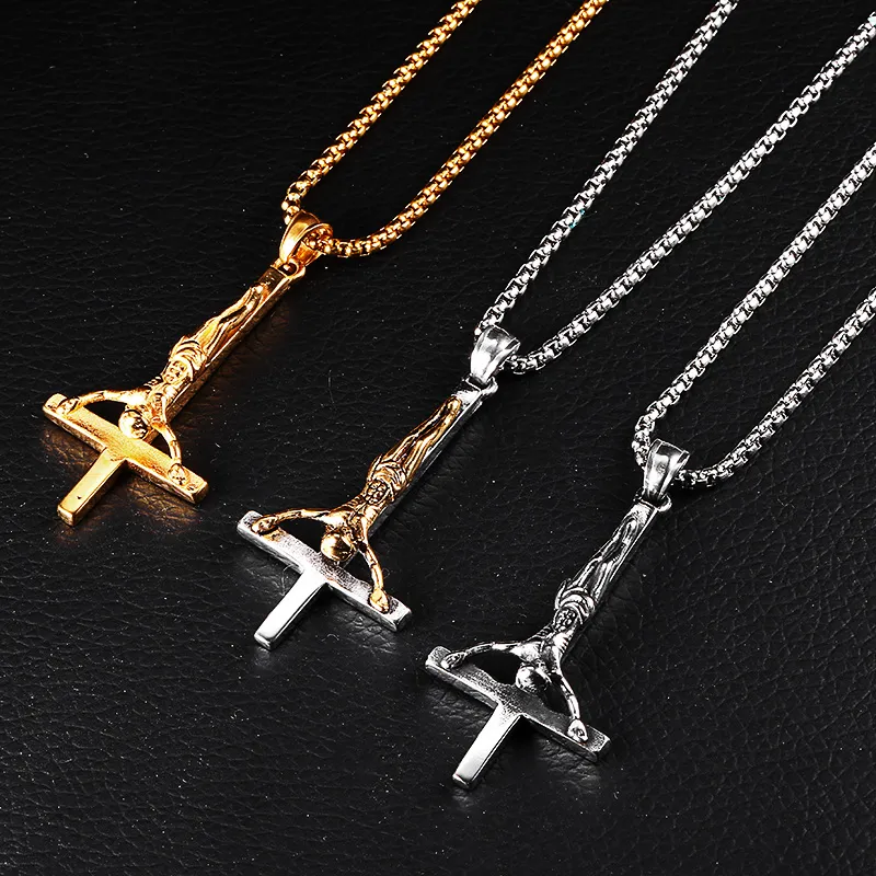 Mode Edelstahl Inverted Cross Jesus Anhänger Halskette Lucifer Satan Anbetung Schmuck Kette Für Männer Frauen Anti-Christian