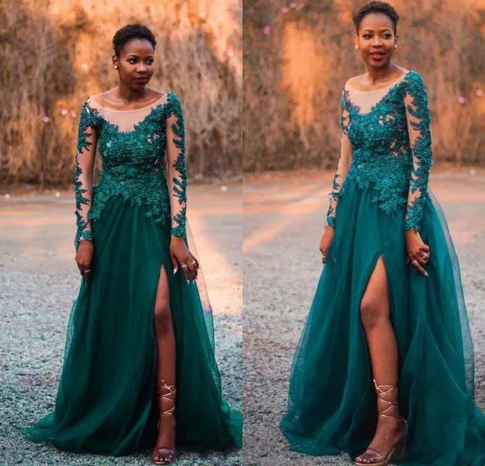 Seksowny Uroczy Szmaragd Green Tulle Formalne Prom Dresses Długa A-Line Afryki Suknie Wieczorowe Z Długim Rękawem Aplikacje Zroszony Noga Szczurki Dinner Suknie