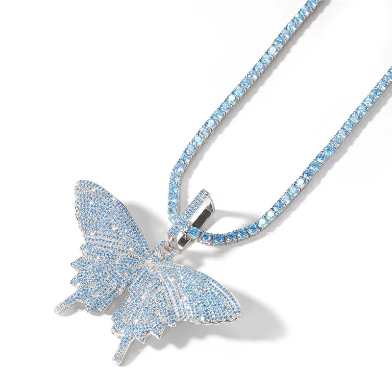 Hip Hop Iced Out Blue Butterfly Pendant Necklaces Cuban Link Chain Tennis Chain For Men Women Cubic Zircon Fashion Jewelry