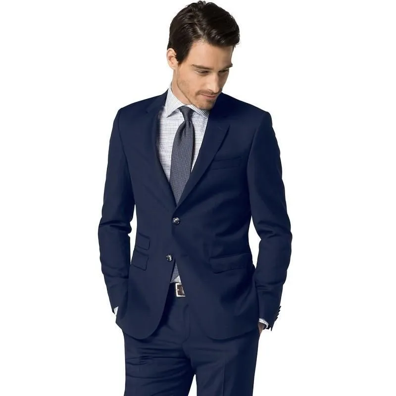 Senaste Design Två knappar Navy Blue Groom Tuxedos Notch Lapel Män Passar 2 stycken Bröllop / Prom / Dinner Blazer (Jacka + Byxor + Tie) W735