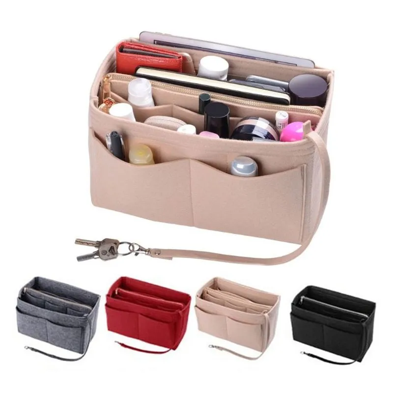 Fashion New Women Multi Pocket Felt Cosmetic Makeup Bag Organizer Multifunzione Insert Storage Tote Borsa in tessuto Borsa S/M/L