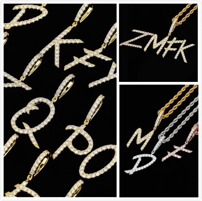 New Fashion Personalized Real Gold Bling Diamond Cursive A-Z Initial Letters Custom Name Pendant Necklace DIY Letter Jewelry for Couples