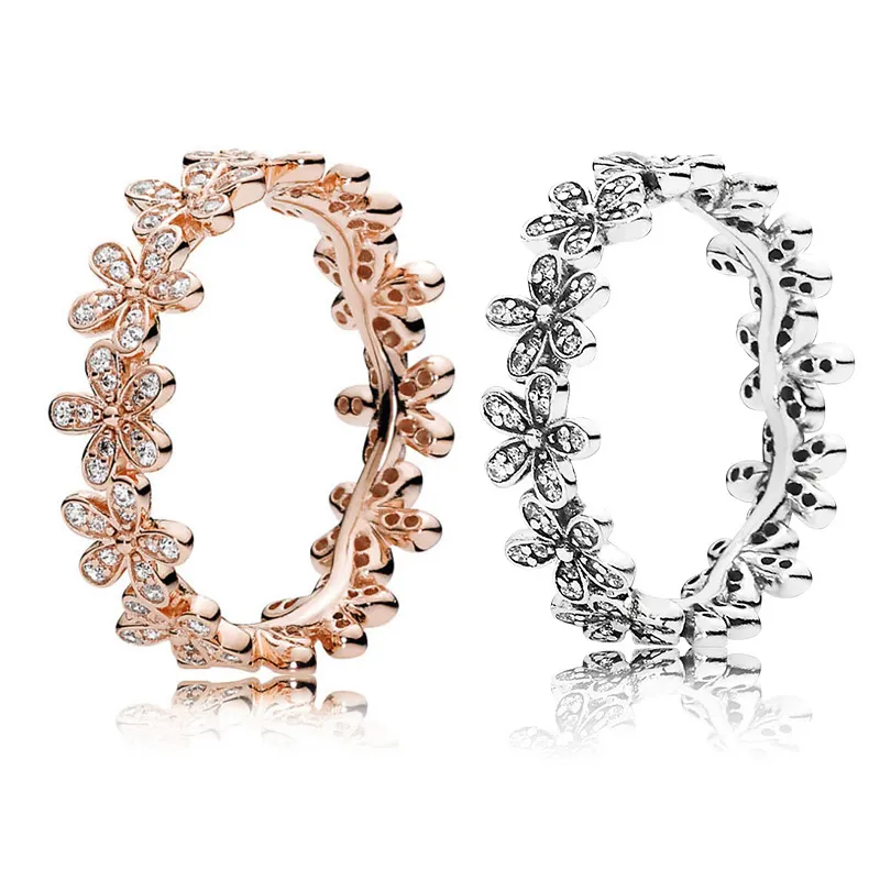 18K Rose gold \ Silver Dazzling Daisy Meadow Stackable Ring Original Box for Pandora 925 Sterling Silver designer rings Set