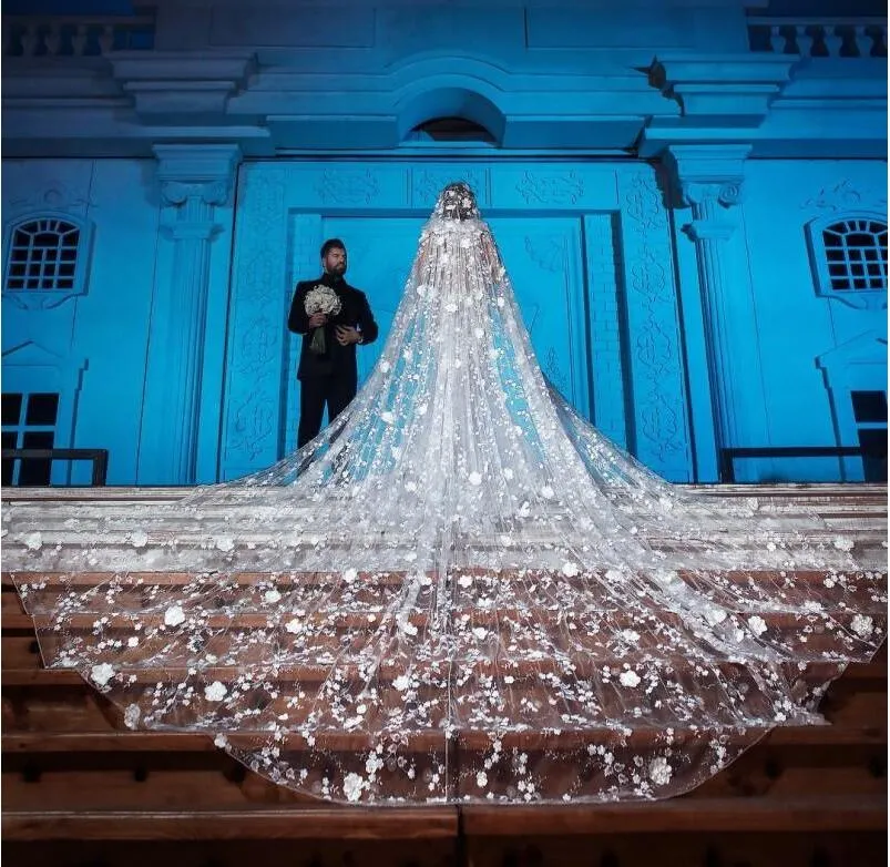 Prachtige 5 m lange kathedraal bruiloft sluiers met 3D-kant appliques zachte tule one layer bruids sluier