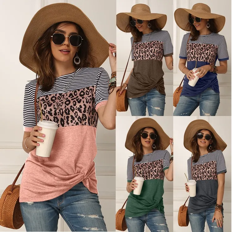 Fashion Women Casual Short Sleeve Summer T-shirt Leopard Stripes Stitching T shirt Top Tees Femme Ladies Tshirt Clothes Soft