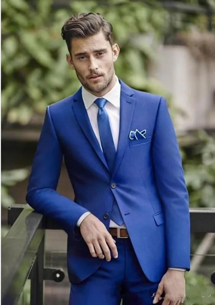 Nowy Modny Groom Smokingi Groomsmen Royal Blue Notch Lapel Best Man Suit Wedding Men's Blazer Garnitury (Kurtka + Spodnie) 1285