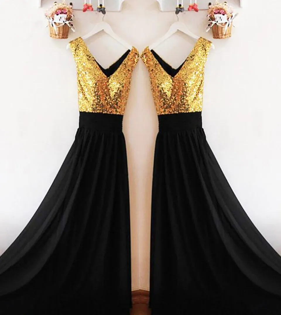 Gold Sequins Black Chiffon Bridesmaid Dresses V Neck... From A_beautiful_dress, $59.3 | DHgate.Com Gold Sequins Black Chiffon Bridesmaid Dresses V Neck... From A_beautiful_dress, $59.3 | DHgate.Com