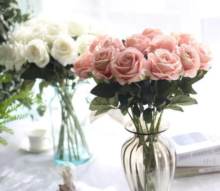 باقة زهور اصطناعية لحفلات الزفاف وحفلات الزفاف وحفلات الزفاف وجذع واحد للزهور الحريرية والوردية