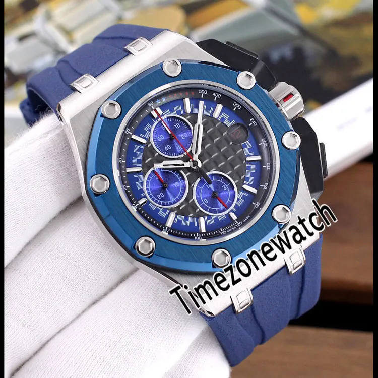 NEW ROYAL 26568PM TWO TONE STEEL CASE Blå Bezel Svart Textur Dial VK Quartz Chronograph Mens Watch Blue Rubber Strap TimeZoneWatch E64C3