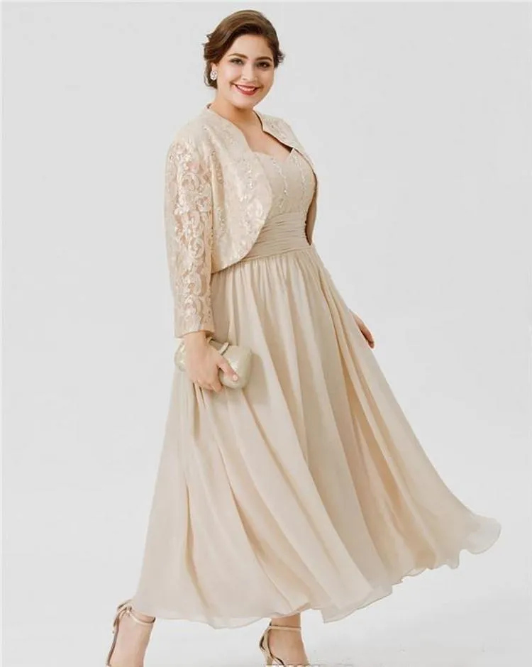 ジャケット付きの花嫁のドレスのサイズの母親プラスレースビーズプロムガウンカスタムメイドの足首の長さAラインウェディングゲストドレス
