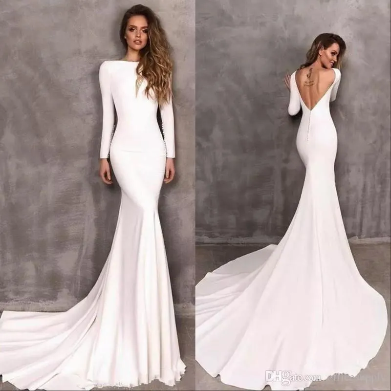 Najnowszy Vintage Suknie Ślubne Syrenki Klejnot Długim Rękawem Backless Stretch Satin Suknie Ślubne Vestidos De Novia Suknia Ślubna Custom