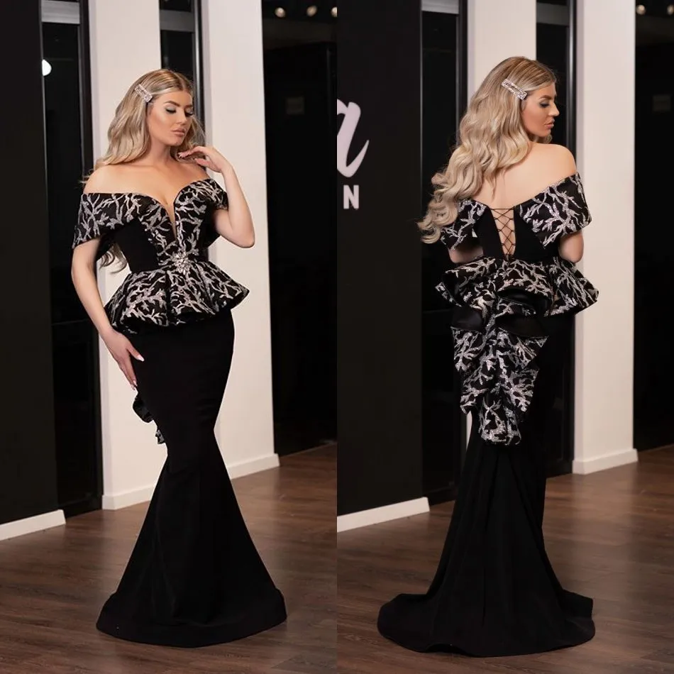 2020 Fashion Prom Klänningar Off-Shoulder Appliques Satin Mermaid Evening Kappor Skräddarsy Golv Längd Plus Storlek Special Occasion Dress