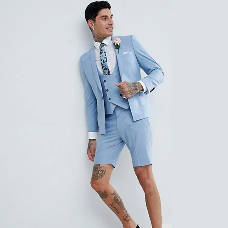 One Button Light Blue Formal Wedding Men Suits Peak Revers Nieuwe Drie Stuks Business Groom Tuxedos (Jack + Pants + Vest + Tie) W929