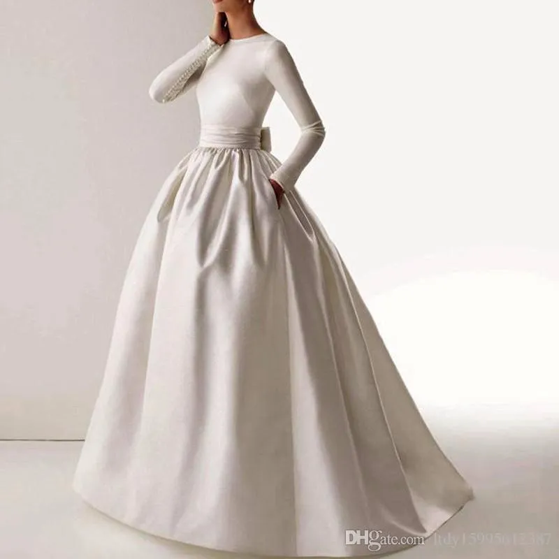 2019 vintage elegante O-hals lange mouw sjerp boog zakken jurk lange Arabische moslim avondjurk 210