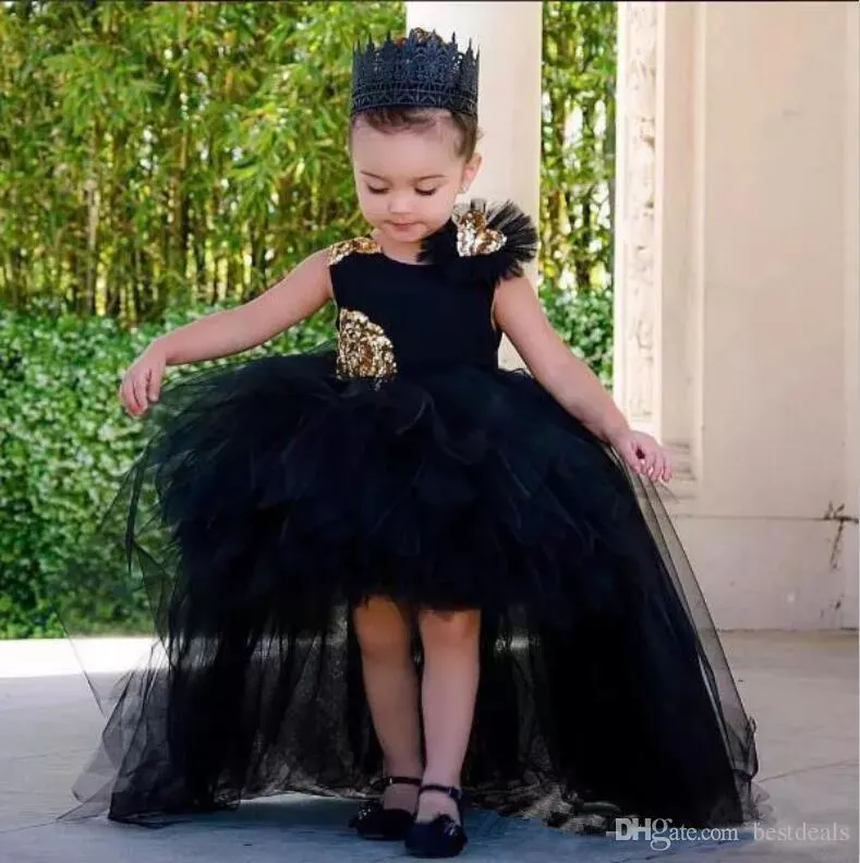 Cute Black Girls Pageant Dresses Gold Applique High Low Flowers Ball Gown Pageant Dresses For Teens Girls Flower Dress vestidos de novia