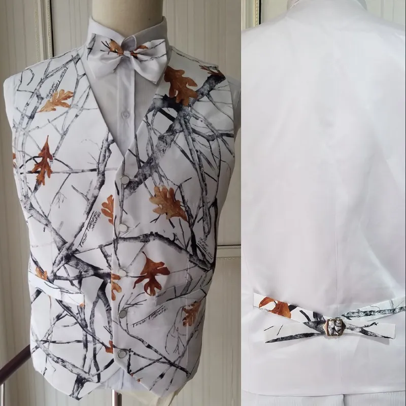 White Camo Wedding Vests leaves patternTweed Groom Vest Slim Fit Five Button Mens Suit Vest Prom Wedding Waistcoat