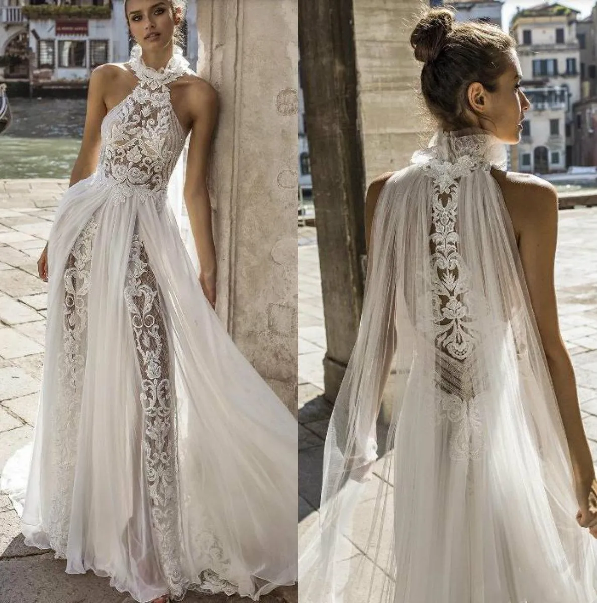 Delicate A Line Wedding Dresses Boho Country Lace Appliqued Sweep Train Beach Wedding Dress High Neck Western Bridal Gowns