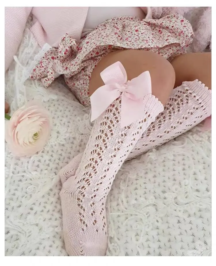 2020 nouveau INS bébé genou chaussettes avec nœud filles longues chaussettes infantile genou haute chaussette été bébé maille chaussettes nouveau-né bambin