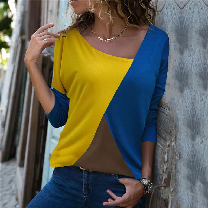 Casual Long Sleeve T Shirt Women Skew Collar Fashion Tshirt Harajuku Color Block Patchwork Shirt Basic Tops Tee Shirt Femme XXL