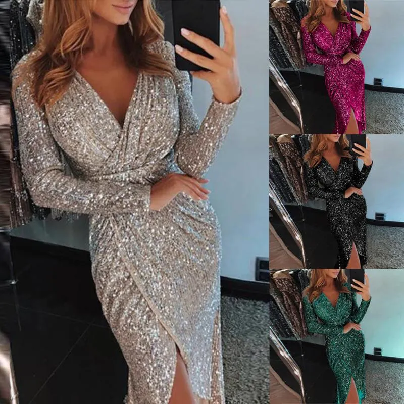 Robes sexy urbaines robe de charme femme soirée soirée femmes profonde v paillettes enveloppement froncé à manches longues mince taille haute fesses serrées robes