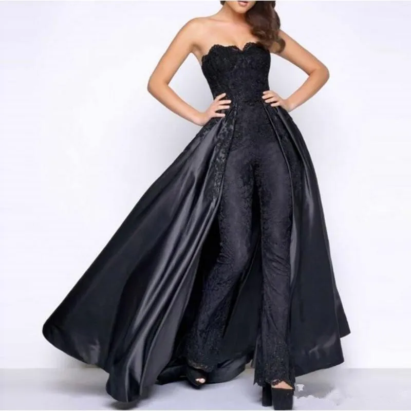 Black Lace Stain Prom Jumpsuit With Puffy Detachable Overskirt 2019 Strapless Women Party Occasion Evening Pant Suit