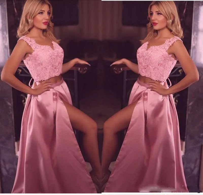 2019 col en V deux pièces une ligne dentelle appliques robes de bal longues fendues formelles femmes occasion spéciale fête porter des robes de soirée sur mesure