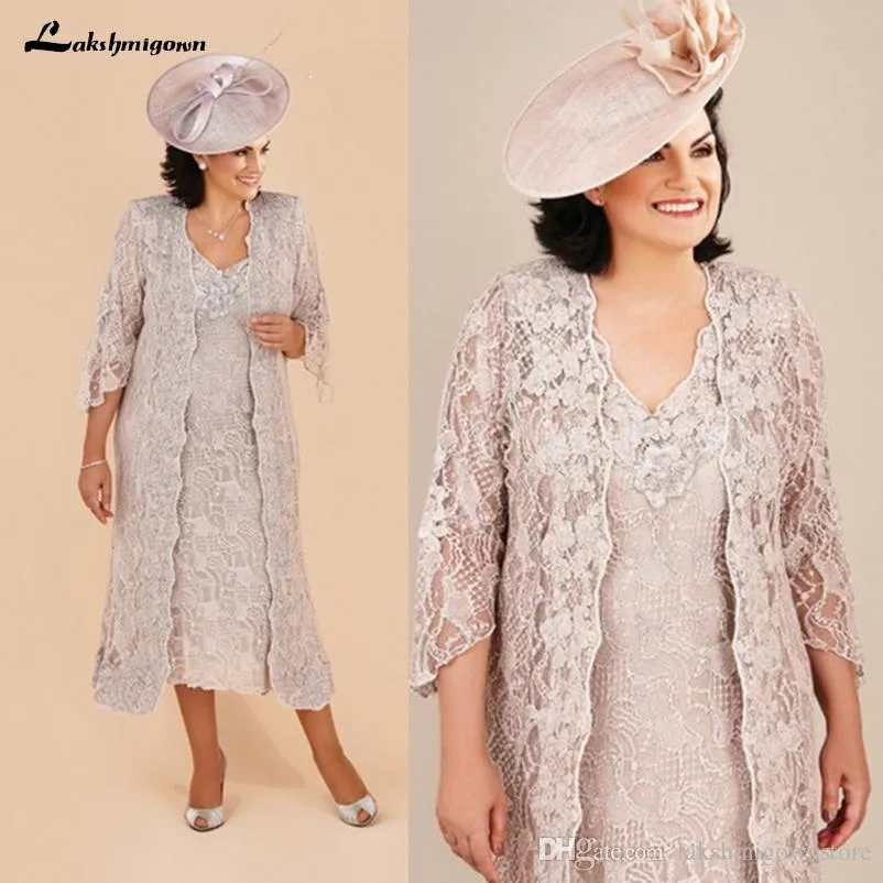 Plus Size Lace Mother Of The Bride Suits Dresses With Long Jacket Knee Length Long Sleeve Mother Of The Groom Gowns