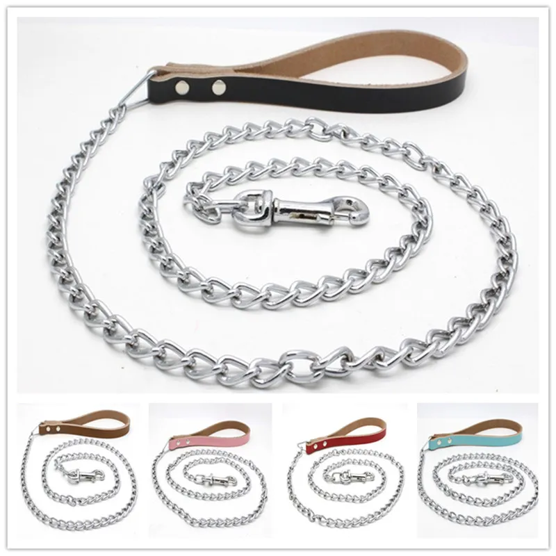 Small Medium Large Dog Chain Leash Handle Leads PU Leather Iron Chain Anti-Bite Metal Dog Chain Lead yq01182