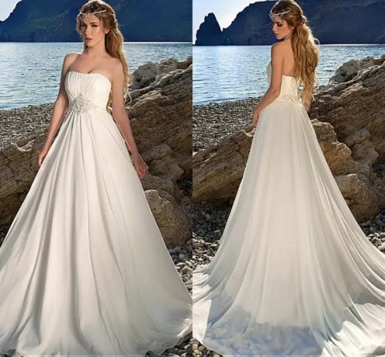 Charming 2020 Chiffon Strapless boho lace wedding dress with Beadings - A-line, Floor Length, Ruched Bodice, Perfect for Beach Weddings