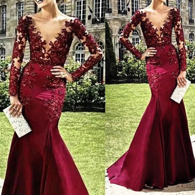 Zarif Bordo Uzun Kollu Aplikler Mermaid Balo Elbise Vestidos Şarap Kırmızı Akşam Olay Maxi Abiye Yüksek Bel Custom Made Gelinlik Modelleri