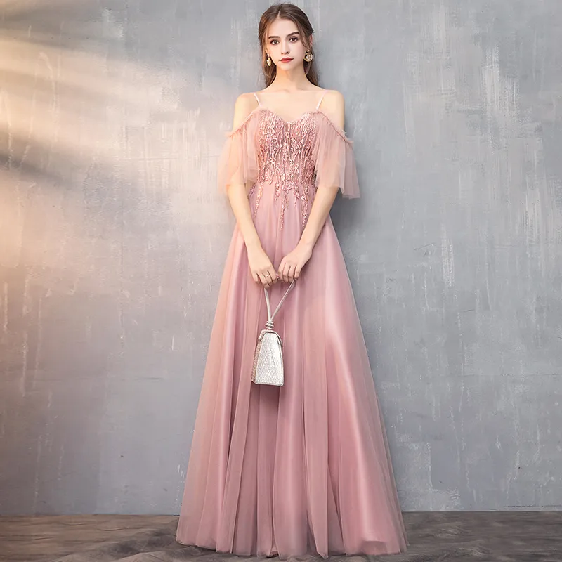 pink evening gown dresses Pink Tulle A-line V-neck Beaded Prom Dresses With Slit, Evening Gowns, MP729 main image 1