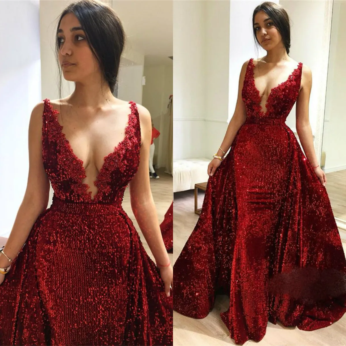 2019 robes de bal de sirène rouge avec train détachable sans manches en dentelle appliques robes de soirée robes de cocktail sexy robes de soirée