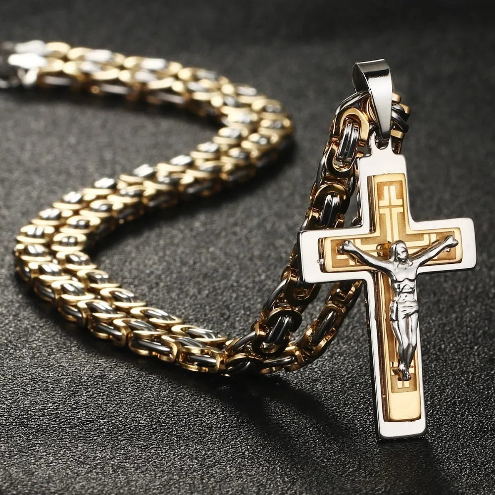Stainless Steel Jesus Christ Crucifix Cross Pendant Necklace for Men Catholic Long Chain Jewelry Gift