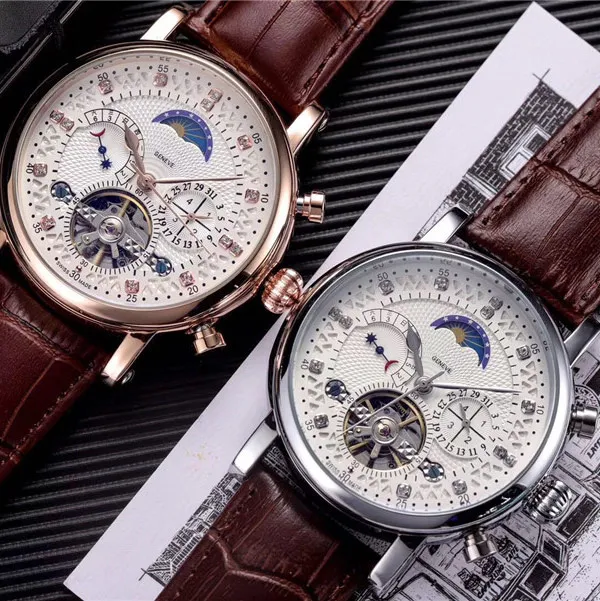 Relojes para hombre de primeras marcas, reloj mecánico automático de negocios, correa de cuero genuino de lujo, relojes de pulsera con movimiento de fase lunar y fecha del día para hombres, regalo del Día del Padre