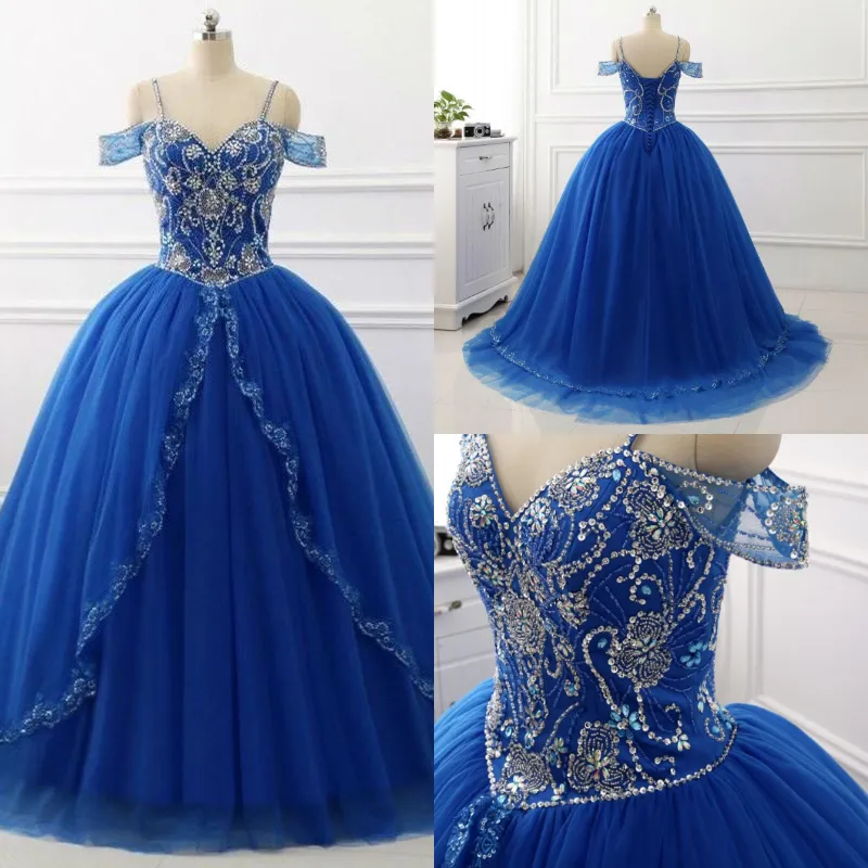 Azul cintas de espaguete bola vestido de baile vestido de princesa frisada buquês de tule quinceanera vestidos lace up elegante doce 16 vestidos 2019 plus size