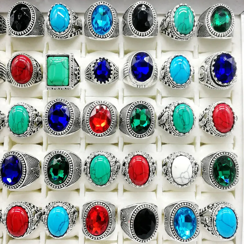 New 30pcs/pack Turquoise band Rings Mens Womens Fashion Jewelry Antique Silver Vintage Natural Stone Ring Party Gifts