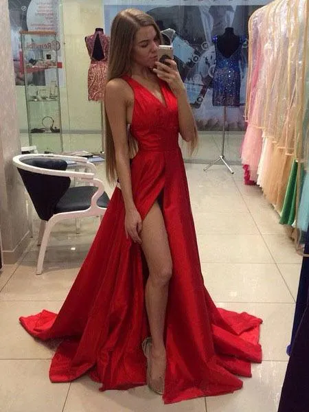 Vraies Photos Rouge Vert Satin Longues Robes De Bal Formelles Avec Côté Split Sexy Dos Nu Simple Arabe Femmes Robe De Soirée Porter De La Mode Robe De Soirée