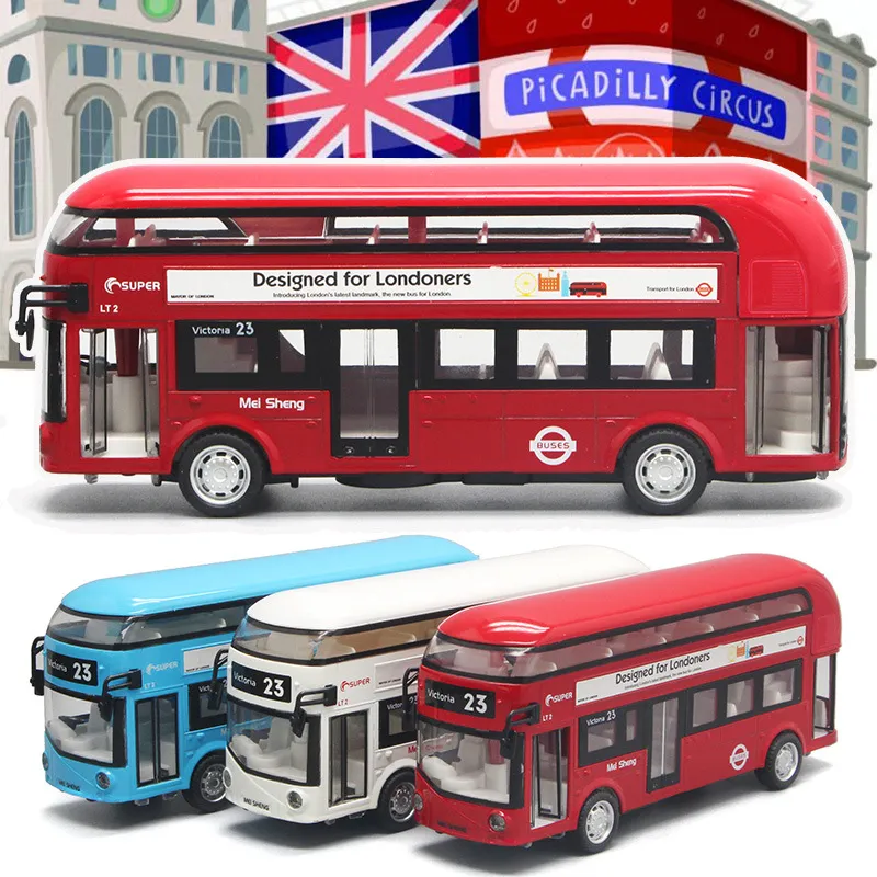 London Tour Bus Model Cars Kid Toy, Alliage moulé sous pression Autocar à deux étages pour la collecte d'adultes, 1:32, Son léger, Pull-back, Ornements, Cadeaux de fête d'anniversaire de Noël pour garçon, 2-1