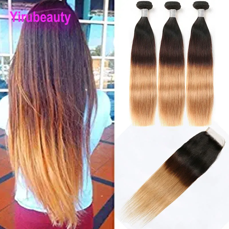 Malaysian Human Hair 3 Bundles With 4X4 Lace Closure Ombre Hair 1B/4/27 Straight Hair Wefts With Closure